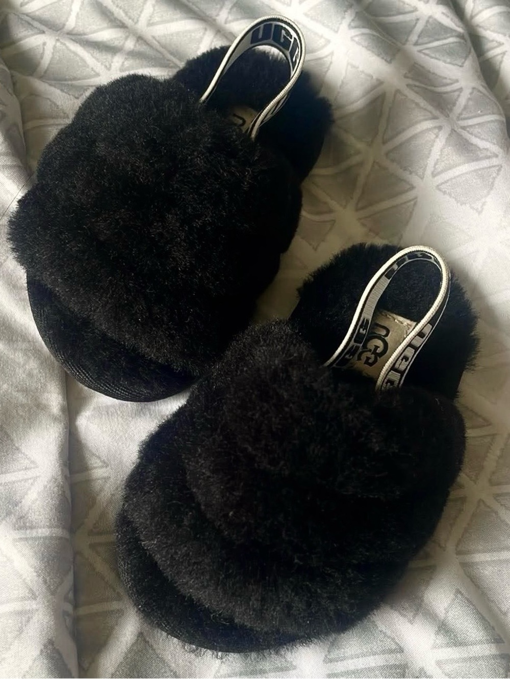 UGG Black Plush Cross-Band Slide Sandals with Branded Heel Strap
